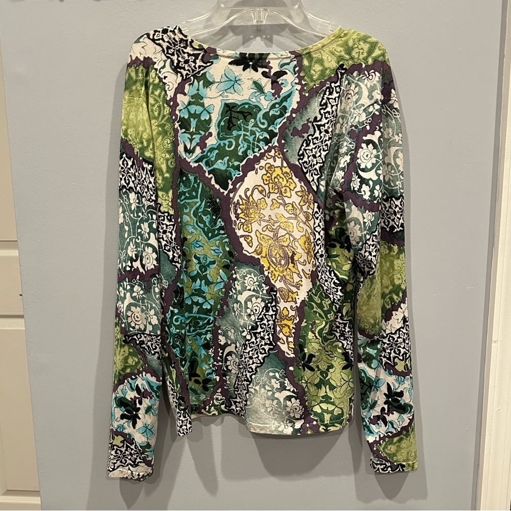 Silk Lightweight Knit Long Sleeve Sweater V-Neck Abstract Floral Y2K Grunge Lg - Picture 15 of 16